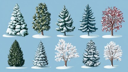Obraz premium Snow-Covered Deciduous and Coniferous Trees Set on Blue Winter Background – Isolated Vector Illustration