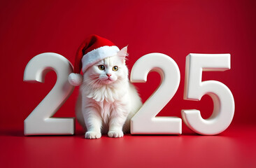 There are large white numbers 2025 on a red background, and instead of the number zero, there is a white cat in a Santa Claus hat.