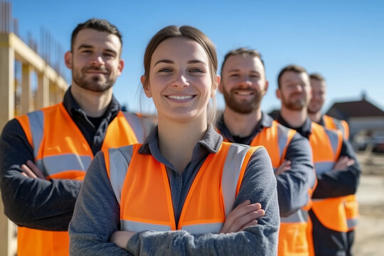 group of young construction worker staff wearing high vis orange safety vests outside on site with blue sky