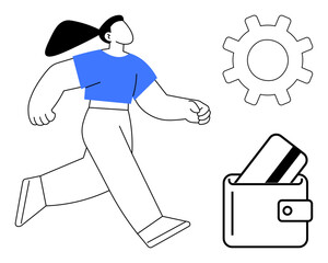 Confident woman walking, a wallet with a card, and a gear showing financial management, technology, progress, and modern life. Ideal for business, finance, technology personal growth education