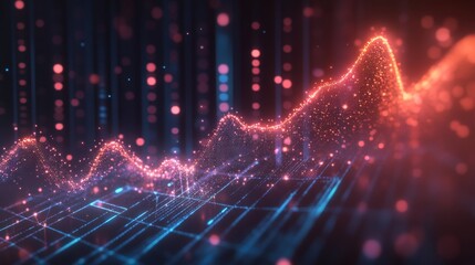 A vibrant, digital representation of a data visualization with fluctuating lines and glowing dots, showcasing trends in a futuristic style.