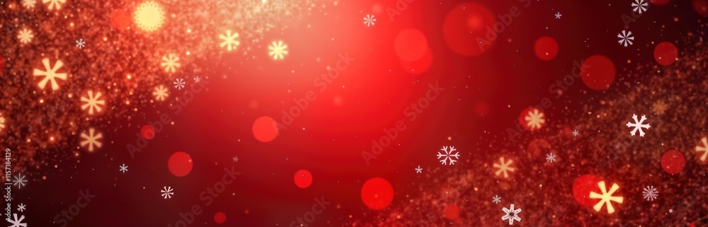 Aufkleber Vibrant red background with festive elements. Sparkling glitter, bokeh lights create magical atmosphere. Ideal for Christmas New Year celebrations. Festive design with snowflakes, lights. Warm,