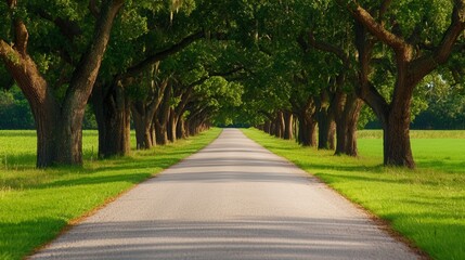 Obraz premium Enchanting Tree Lined Road in Lush Green Countryside Landscape