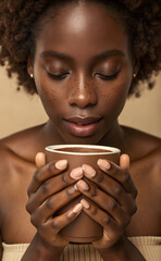 A serene portrait of a woman with rich skin tone savoring the aroma of mocha mousse coffee in a ceramic cup. Capturing a moment of warmth, relaxation, and indulgence.