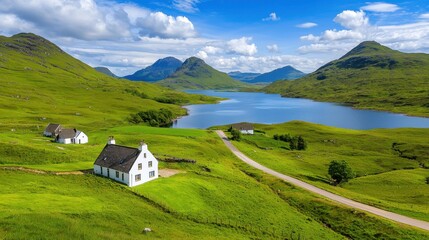 Breathtaking Scenic Landscape with Grassy Hills Lake and Rustic Houses in Remote Countryside