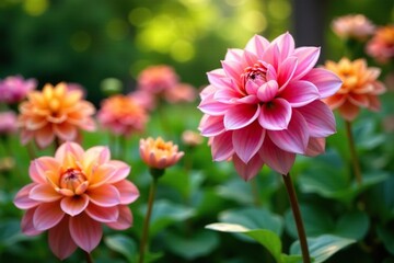 Pink dahlia blooms in a garden filled with lush greenery, dahlias, flowers
