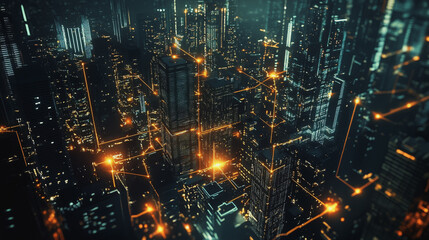 Fototapeta premium Smart digital Innovation city with connection network reciprocity over the cityscape. of future smart wireless digital city and social media networking systems that connects people with in city