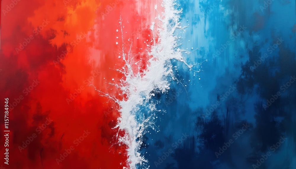 Poster Abstract painting design with red, blue colours. White line forms wave. Textured style. Suitable for wallpaper design art prints. Modern artwork. Creative concept for various use cases. Vibrant