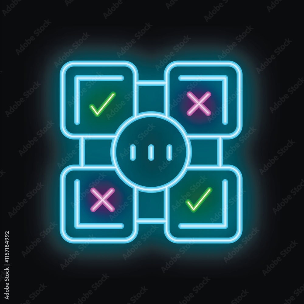 Poster neon icon of an algorithm is glowing, representing the complex process of machine learning