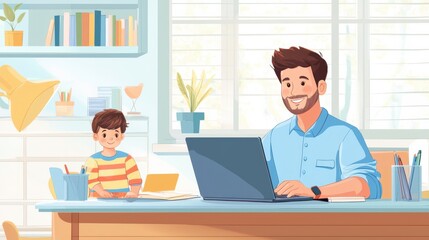 A father and son enjoy quality time together while working on a laptop in a bright home office.