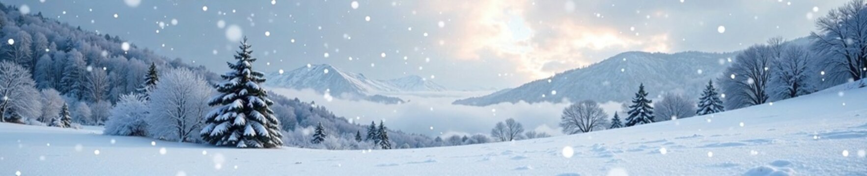 Snowflakes dance and fall gently from the sky onto the snowy Eildon Hills, winter scene, borders, galashiels