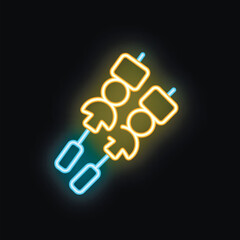 Bright neon sign representing two skewers with meat and vegetables, ideal for restaurant or food related businesses