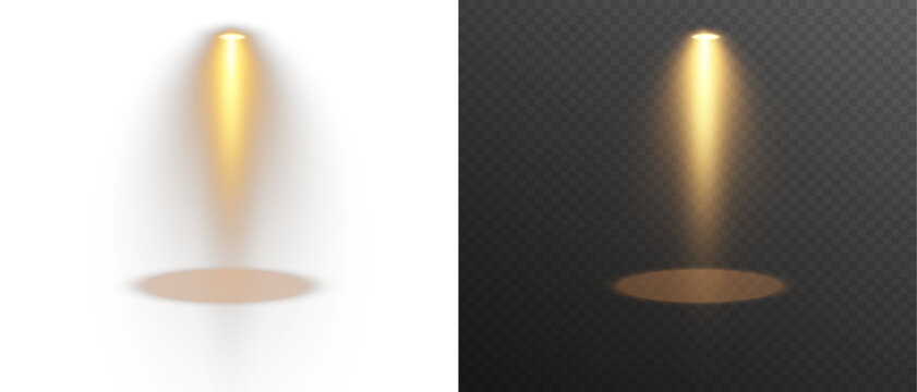 Golden spotlight shines on transparent background. Glowing light effect. Scene spotlight on stage. Spotlight PNG. Vector lights: source, studio, walls. PNG file.