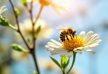 Honeybee collects nectar from white flower blossom in garden. Close up macro view of nature scene. Pollination process visible. Sunny day, bright colors. Spring summer season. Eco friendly. Animal