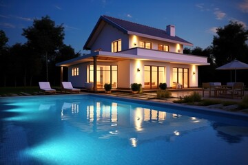 A contemporary swimming pool designed in a unique shape, situated in a stylish home lawn with elegant landscaping. The pool is framed by modern patio furniture and beautiful outdoor lighting