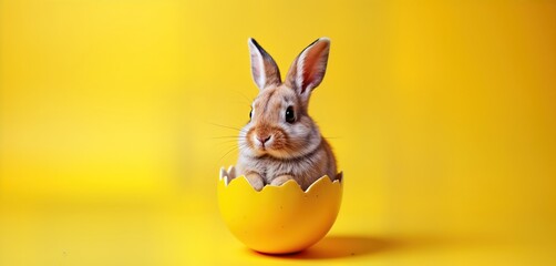 Adorable bunny sits inside yellow Easter egg. Bright yellow background. Springtime scene. Cute and fluffy bunny. Happy Easter. Celebration. Family fun. Holiday. Kids love this photo.