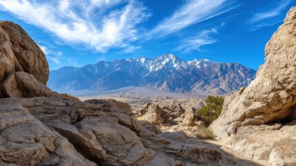 Obraz premium Dramatic mountain landscape with rocky cliffs and arid desert scenery under a blue sky with clouds