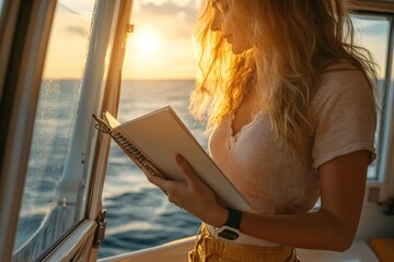 A woman with wavy hair pens notes into an open notebook as the golden sunset lights her surroundings on a vibrant maritime journey, suggesting reflection and creativity.
