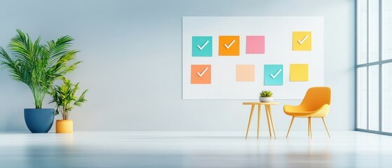 Bright workspace with colorful sticky notes, plants, and modern furniture for productivity and creativity.