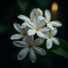 Fototapeta premium Delicate white flowers with yellow centers clustered together against a dark background 