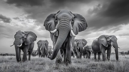Fototapeta premium Elephant Herd: Photograph a herd of elephants migrating across the African savanna, showcasing their social behavior and majestic size
