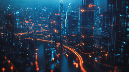 Fototapeta premium Smart digital Innovation city with connection network reciprocity over the cityscape. of future smart wireless digital city and social media networking systems that connects people with in city