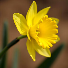 Fototapeta premium Bright yellow daffodil flower blooming in a soft-focus garden setting 