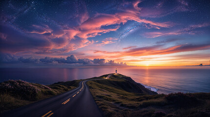 Scenic Coastal Lighthouse Sunset Road Milky Way Starscape