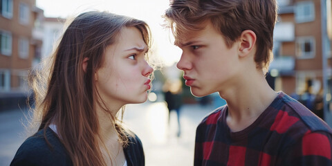 Young couple in intense standoff during sunset