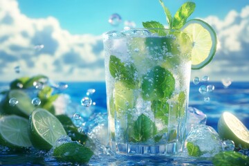 Refreshing mojito cocktail with lime and mint on a tropical beach