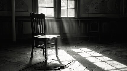 a chair in the middle of an empty room.