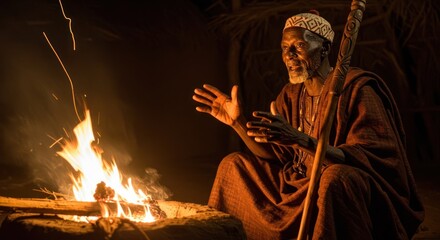 Elderly African Man Telling Stories Near A Campfire