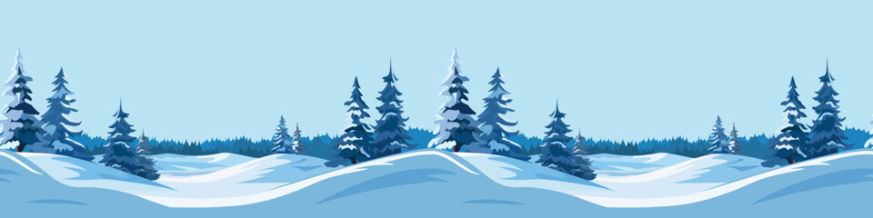 Obraz premium Flat winter snowy landscape seamless banner. Vector illustration. Snowy weather background. Winter season.