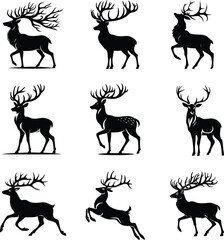 Elegant Black and White Deer Silhouette set vector Art, Deer vector art style with white background.