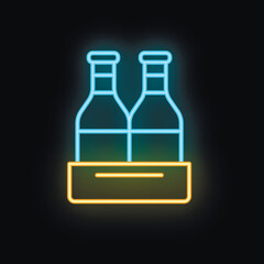 Neon sign showing two blue bottles standing in a yellow wooden crate, on a black background