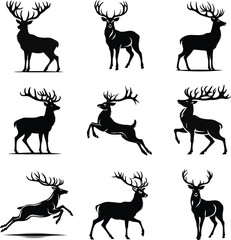  Horned Reindeer clipart in Black and White, Jumping Reindeer Silhouette vector set , Antlered Deer different style vector art style with white background.