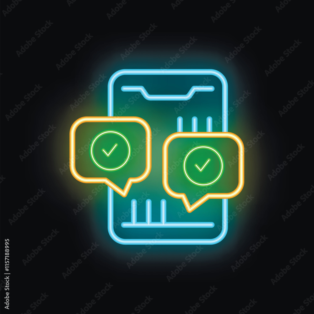 Poster neon icon of a smartphone with two validated messages is representing online communication