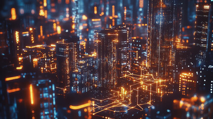 Smart digital Innovation city with connection network reciprocity over the cityscape. of future smart wireless digital city and social media networking systems that connects people with in city