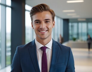portrait of a smiling young professional business man wearing formal suit looking into the camera closeup shot  in the corporate office blur background