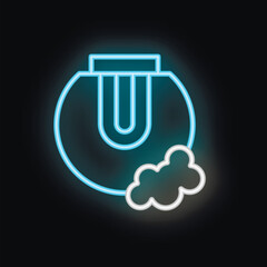 Blue and white neon icon of a manhole cover with steam coming out on a black background