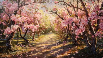 A tranquil spring landscape of apricot trees in bloom and fresh, vibrant colors