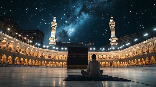 A night sky shines over a temple, as a person faces a khana kaba . This image is one of a selection being submitted as stock content for use.

