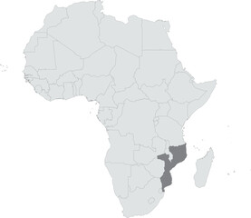 Detailed national location map of MOZAMBIQUE within the great continent of Africa