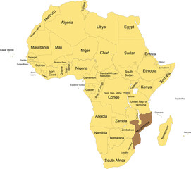 Obraz premium Detailed national location map of MOZAMBIQUE within the great continent of Africa