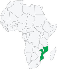 Detailed national location map of MOZAMBIQUE within the great continent of Africa