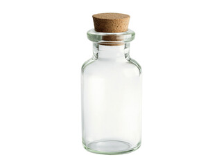 A traditional glass medical vial with a rubber stopper, filled with a transparent liquid, isolated on a white background