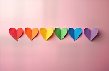 Rainbow colored paper hearts arranged in horizontal line on pastel pink background. Simple minimal design. Pride awareness concept. Symbol of love, diversity. Love love, acceptance, equality.