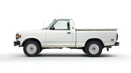 A side view of a white pickup truck isolated on white background, showcasing its design and utility.