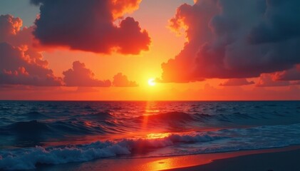 Blazing sun dips below the horizon, painting the ocean with fire , beautiful, serene