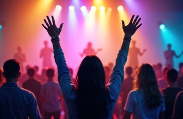 Large group of people worshiping joyfully with hands raised in church concert religious celebration. People excited, enthusiastic during spiritual event with music, band on stage. Colorful stage